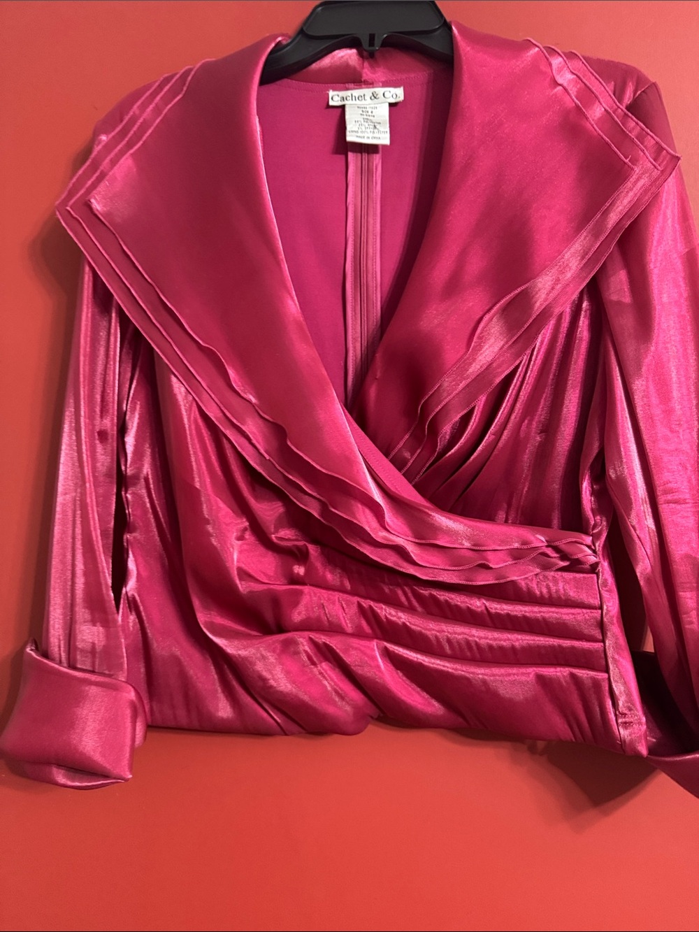 Cachet Fuchsia Satin Pleated Wrap Blouse